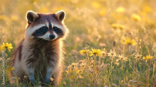 Raccoon dog common Nyctereutes procyonoides meadow Chinese Asian field closeup cute darling invasive species in Europe evening sunset summer looking beast fur eyes problem for biodiversity Europe photo