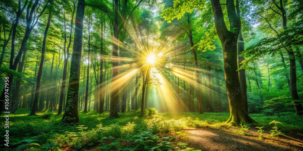 Fototapeta premium Enchanting Sun Rays Filtering Through the Lush Green Canopy of a Tranquil Forest, Creating a Serene Atmosphere with Glimmers of Light and Shadows on the Forest Floor