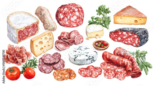 Watercolor Illustration of Salami, Cheese, and Vegetables, Italian food, deli meats
