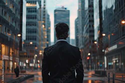 A man in a suit walks down a city street, looking towards the tall buildings.