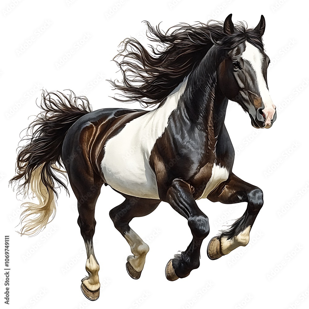 A majestic black and white horse with a flowing mane and tail, captured in mid-air.