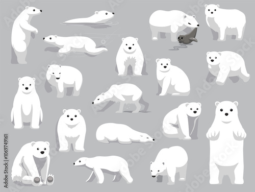 Polar Bear Standing Various Poses Cute Cartoon Vector Character