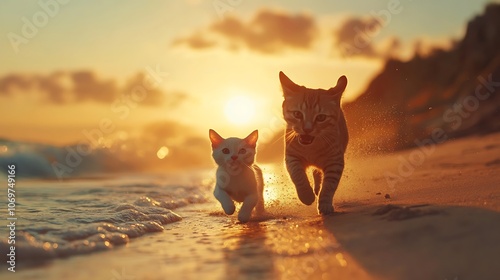 Silhouettes of a Dog and Cat Playing on the Beach at Sunset