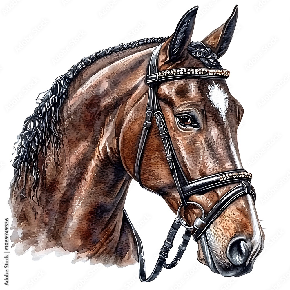 Fototapeta premium Watercolor Portrait of a Brown Horse with Braided Mane and Bridle.