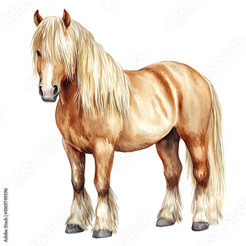 Watercolor Illustration of a Beautiful Brown Horse with Long Blonde Mane and Tail. photo