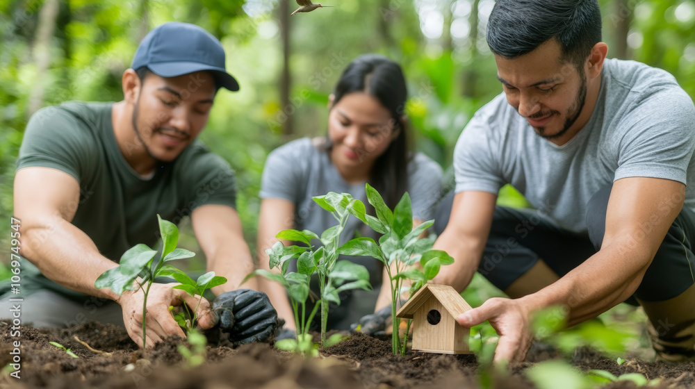 A group of people planting saplings and placing a small wooden birdhouse in a lush garden, fostering growth and sustainability. A group of people planting saplings and placing a small wooden birdhouse in a lush garden, fostering growth and sustainability.