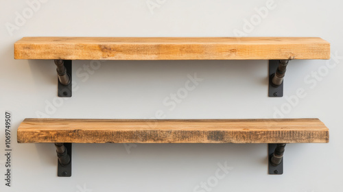 Two wooden shelves mounted on a white wall with black metal brackets, creating a simple and minimalist storage solution for home or office spaces.