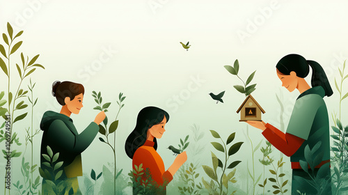 Three people enjoy nature, surrounded by greenery and birds. One person holds a birdhouse, symbolizing their care for the environment and wildlife conservation.