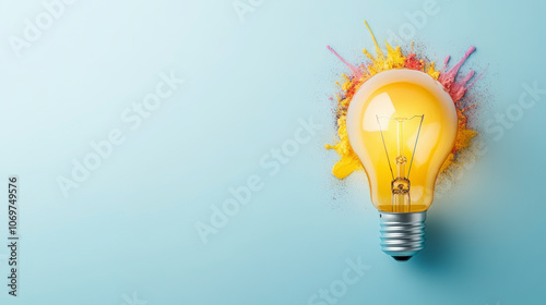 A lit light bulb against a blue background, surrounded by colorful splashes, symbolizes creativity and innovative ideas bursting forth with energy.