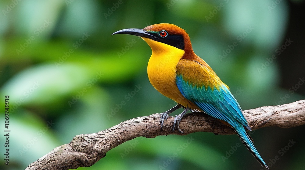 Fototapeta premium Colorful Bird Perched on Branch in Green Forest