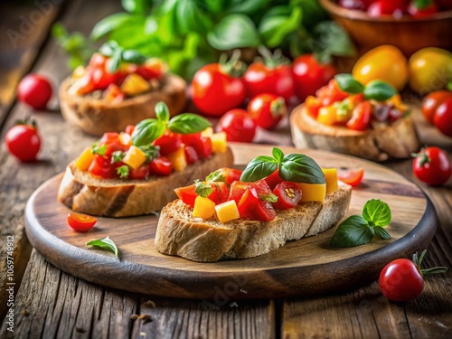 Exquisite Bruschetta with Fresh Tomato and Basil Garnish on a Rustic Wooden Board for Culinary Delights and Mediterranean Cuisine Inspiration