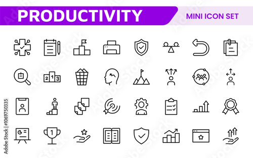 Productivity Icon Set. Modern and inspiring icons designed to enhance efficiency and organization, perfect for productivity apps, task management tools, and workflow solutions.