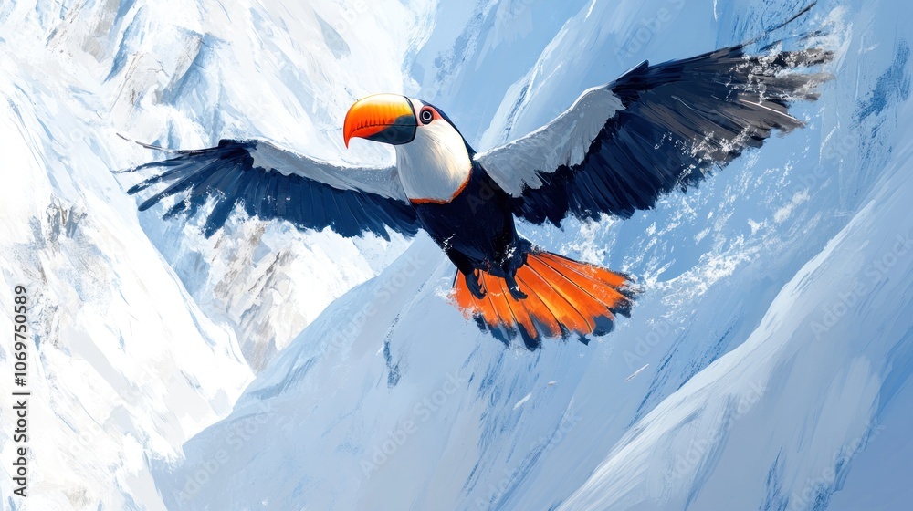 Naklejka premium Toucan Flying in the Mountains