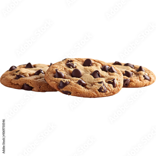 Description:** Three delicious chocolate chip cookies stacked, showcasing a golden-brown texture and chocolate bits.