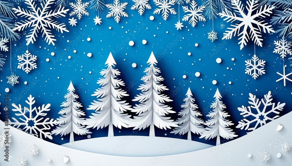 Obraz premium Winter wonderland: paper-cut snowflakes and pine trees against starry night sky