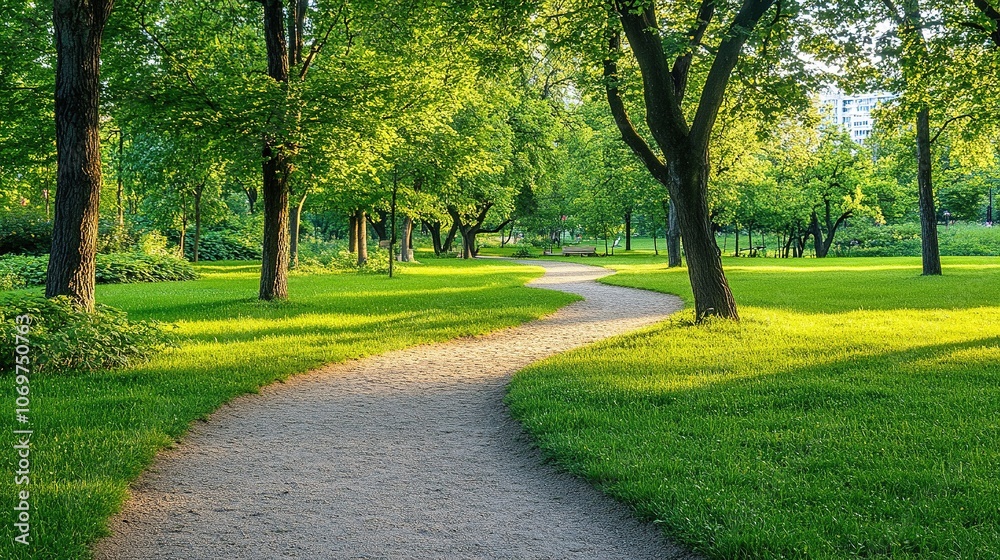 Fototapeta premium Winding Path Through a Green Forest Park