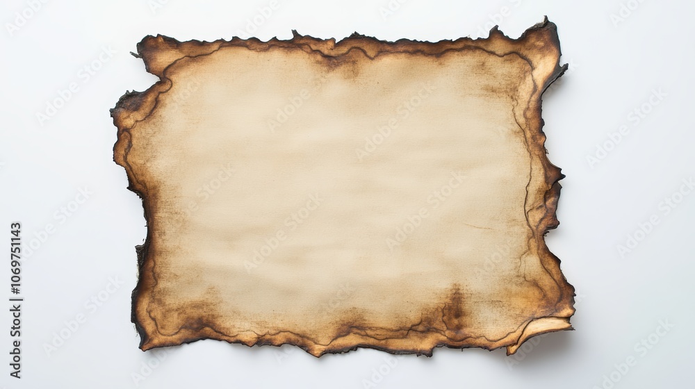 A piece of antique-looking paper with burnt edges on a white background A piece of antique-looking paper with burnt edges on a white background