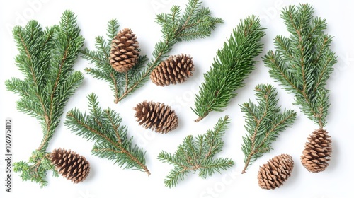 Set of coniferous tree branches with cones isolated on a white background Design element for creating festive Christmas arrangements frames cards invitations