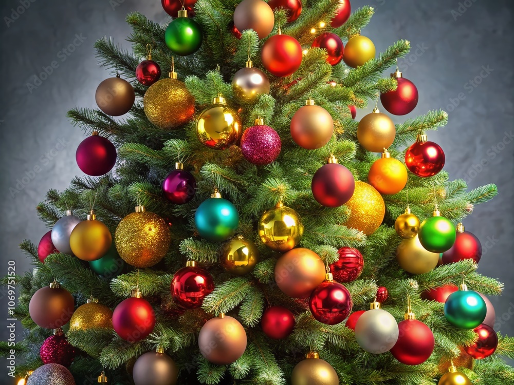 Festively Adorned Christmas Tree with Baubles Against a Grey Background Perfect for Holiday Celebrations and Seasonal Greetings with Ample Copy Space for Personalization Festively Adorned Christmas Tree with Baubles Against a Grey Background Perfect for Holiday Celebrations and Seasonal Greetings with Ample Copy Space for Personalization