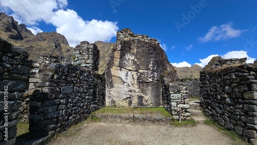 Sacred monolith inside Sayacmarca, lost Inca miliary fortress located along the Inca Trail to Machu Picchu. It was never discovered due to its hidden location in the Andes. photo