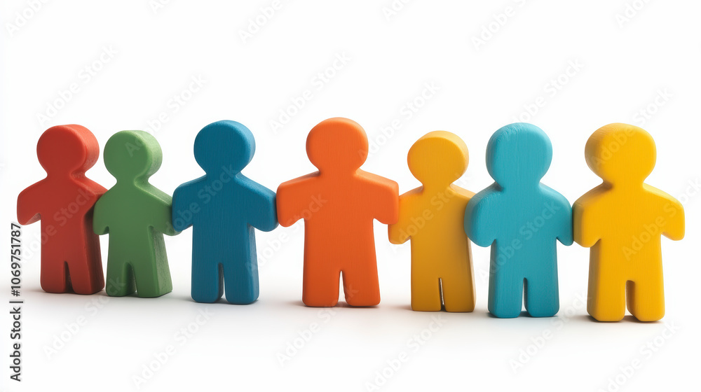 Colorful figurines resembling human figures stand side by side in a row, showcasing unity and diversity against a white background. Colorful figurines resembling human figures stand side by side in a row, showcasing unity and diversity against a white background.