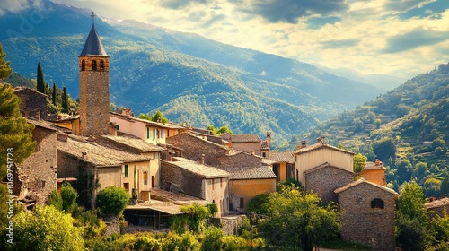 Picturesque Mountain Village with Church Tower and Stone Buildings