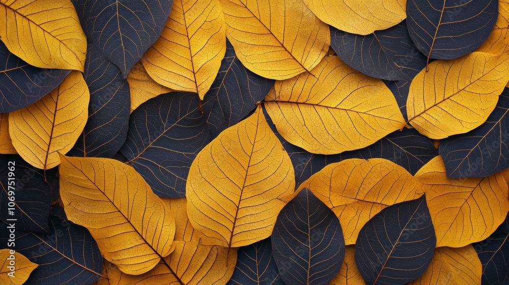 An abstract background texture of a pile of yellow and dark brown large dry leaf with random leaf veins
