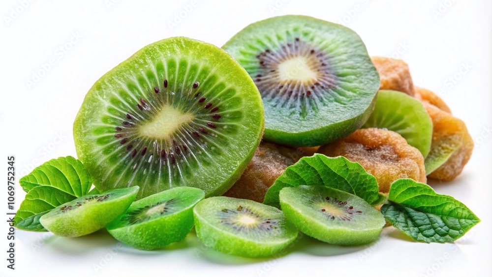 Fototapeta premium Fresh and Dried Kiwi Fruit Slices Isolated on White Background - Macro Photography of Candied Kiwi and Fresh Green Fruit for Healthy Snack Ideas and Culinary Inspiration