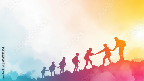 A group of silhouetted hikers, including children, climb a hill as adults assist, set against a vibrant, colorful sunrise or sunset sky.