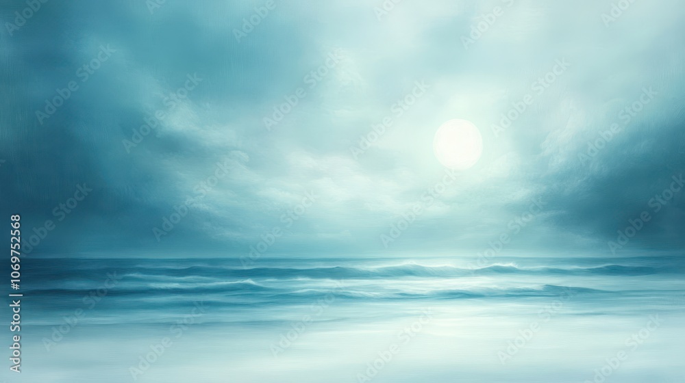Obraz premium Serene Coastal Panorama: The sea stretches to the horizon under a moody, overcast sky, creating a scene of tranquil beauty with a subtle light illuminating the horizon.