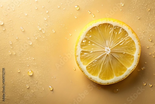 Fresh Lemon Slice with Water Drops on a Beige Surface, Perfect for Refreshing Beverage or Culinary Concepts, Ideal for Summer Recipes and Healthy Living Promotion