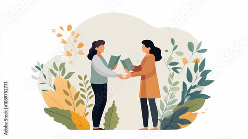 Two people are exchanging books surrounded by leafy plants, symbolizing knowledge sharing and growth in a calm, natural setting.