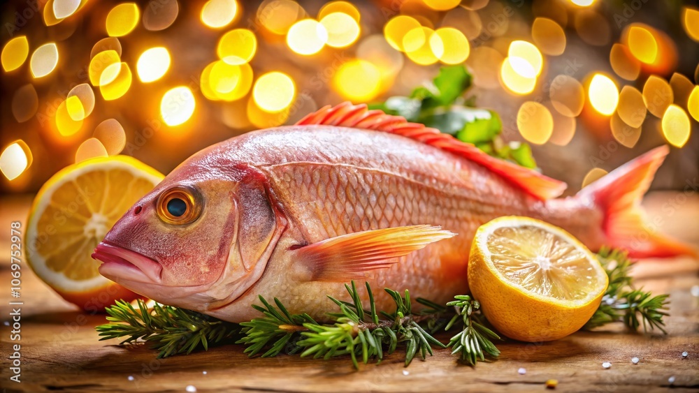 Fresh Pink Orange Snapper Fish on Parchment Paper with Bokeh Effect for Culinary and Seafood Photography Fresh Pink Orange Snapper Fish on Parchment Paper with Bokeh Effect for Culinary and Seafood Photography
