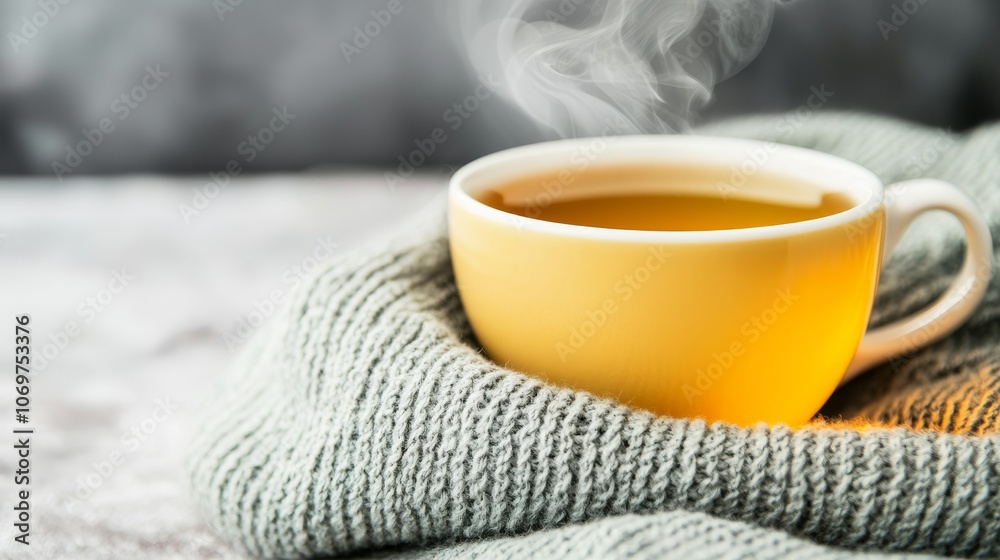 A steaming cup of tea rests on a cozy knit blanket, embodying warmth and comfort in a tranquil setting. A steaming cup of tea rests on a cozy knit blanket, embodying warmth and comfort in a tranquil setting.