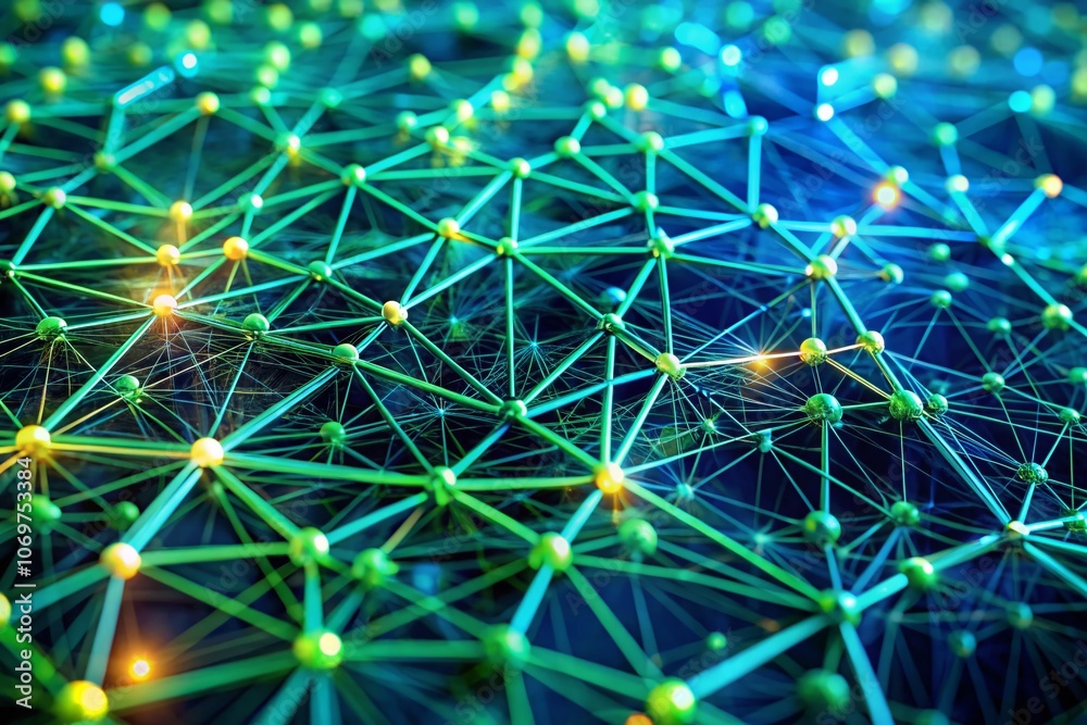 Futuristic Blue and Green Network Lines Creating a Technical Mesh in Macro Photography for Advanced Computing Concepts and Digital Connectivity Visuals