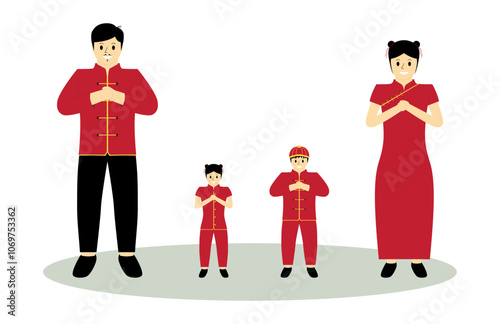 Illustration of an Asian family wearing a traditional Chinese red attire, showing a cultural celebration in flat design style, isolated on white background. Chinese new year celebration design