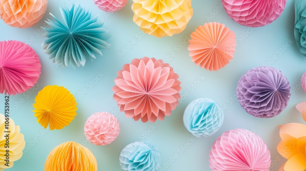 Flat lay Paper colorful balls Table view and mock up background Wedding invitation template Mock up for your photo or text Place your work