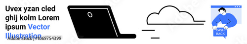 Black laptop, cloud graphic, user interface with person holding book. Ideal for tech tutorials, online courses, business presentations, web design, app showcases, digital marketing, remote work