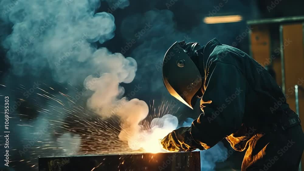 A welder works on a project in a dimly lit workshop, sparks flying and smoke billowing around them A welder works on a project in a dimly lit workshop, sparks flying and smoke billowing around them