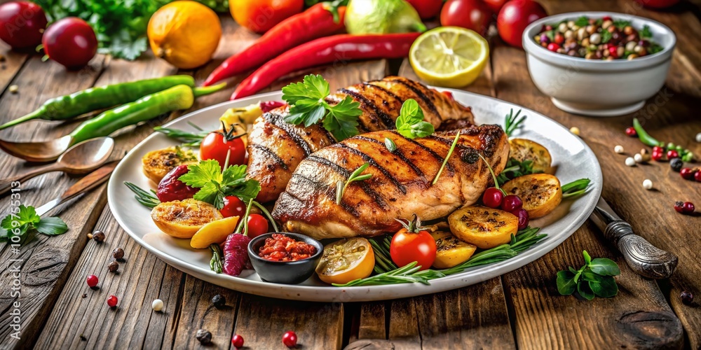 Grilled Chicken with Spices and Fresh Vegetables on a White Plate, Captured in Documentary Style on a Rustic Wooden Table, Perfect for Culinary and Food Photography Enthusiasts Grilled Chicken with Spices and Fresh Vegetables on a White Plate, Captured in Documentary Style on a Rustic Wooden Table, Perfect for Culinary and Food Photography Enthusiasts