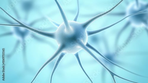 Close-up of a neuron with dendrites extending outward, illustrating neural connections in the brain, set against a cool, soft-focus background.