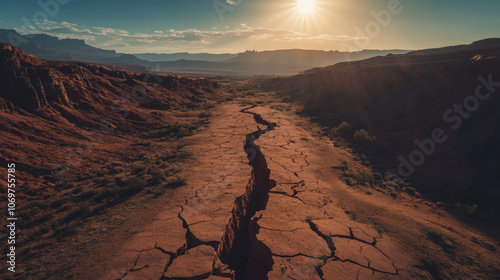 A desert landscape with a large crack in the ground