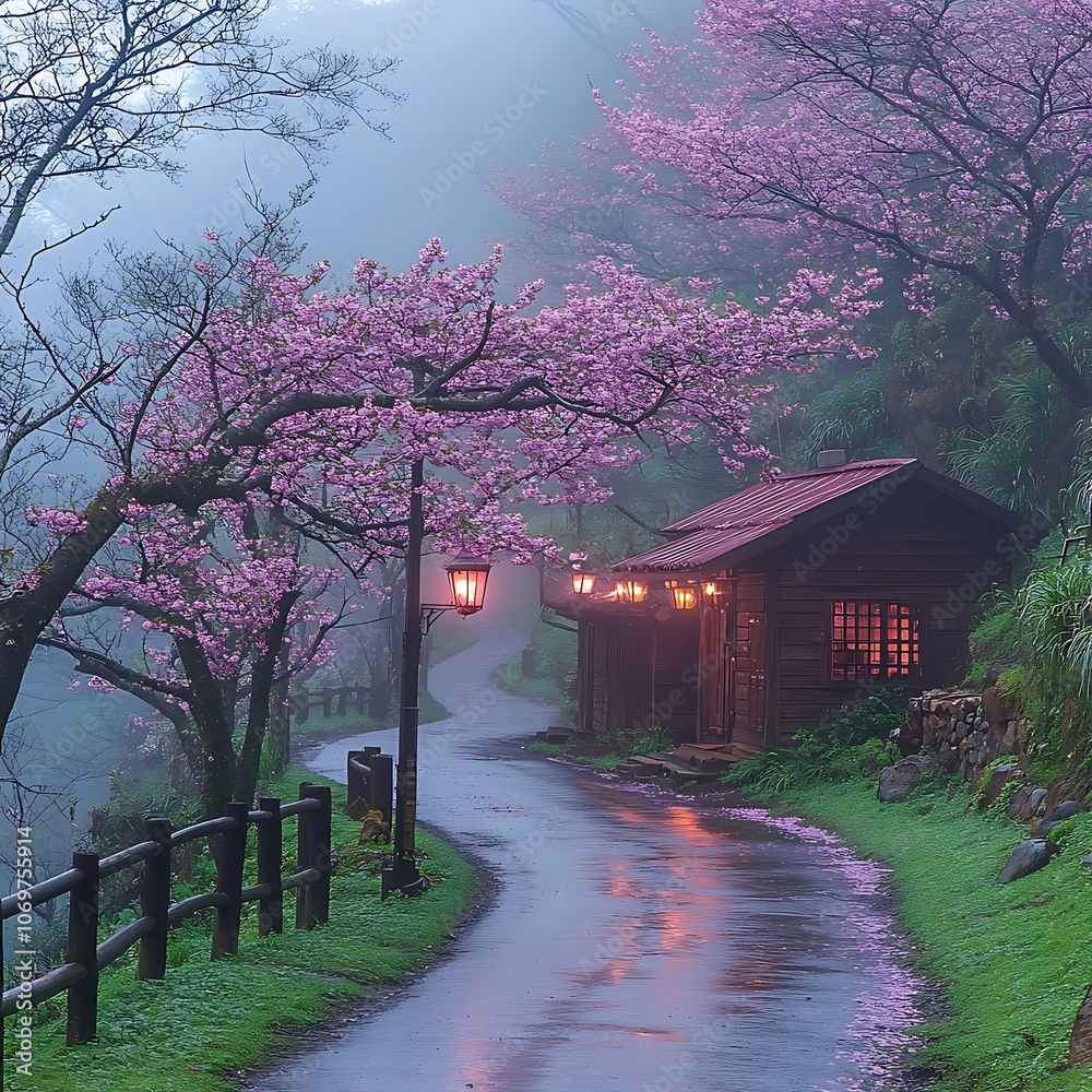 Cherry blossoms blooming in serene mist Cherry blossoms blooming in serene mist
