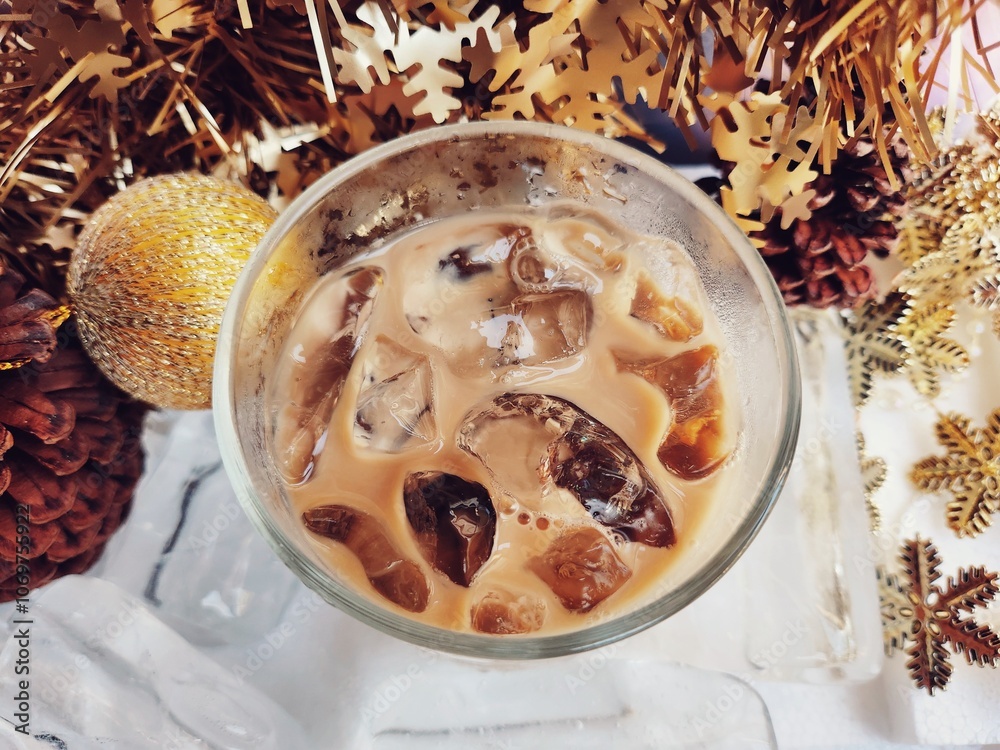 Iced coffee and christmas decorations Iced coffee and christmas decorations