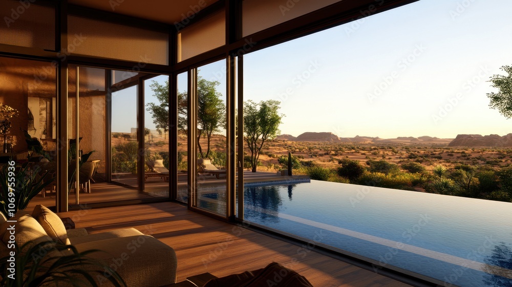 Fototapeta premium A serene interior view showcases a modern living space with large windows overlooking a tranquil landscape and infinity pool.