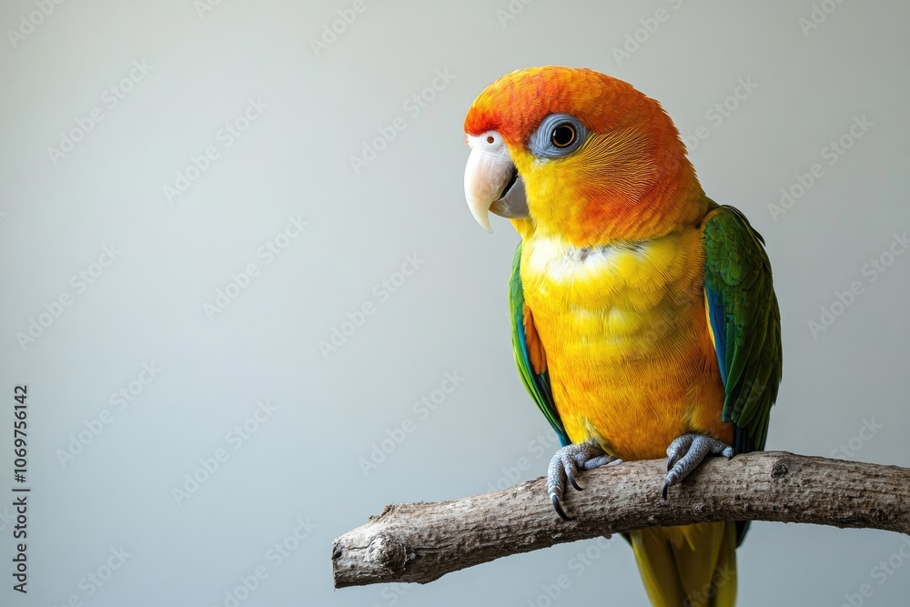 Naklejka premium Colorful parrot perching on branch: a captivating studio portrait