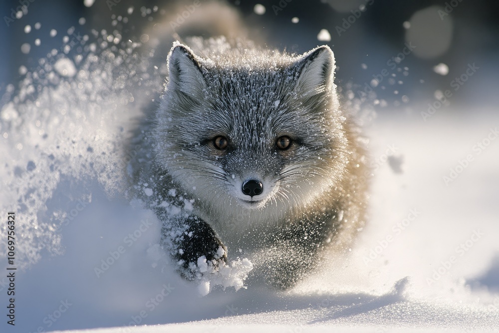 Fototapeta premium Arctic fox running in deep snow toward the viewer