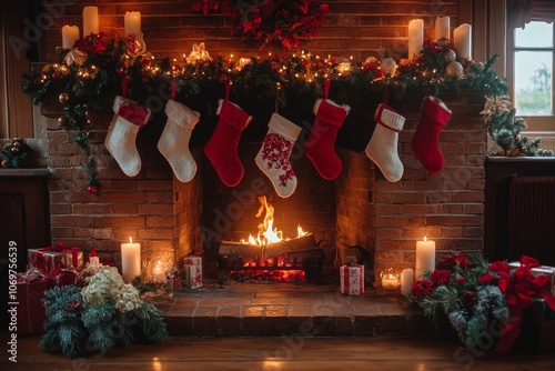 Christmas fireplace with stockings, glowing candles, and decorated mantel. Red brick hearth with flowers and small gifts, cozy winter atmosphere.