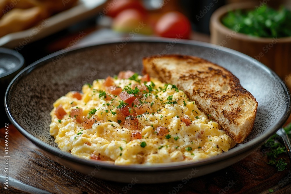 Scrambled eggs with bacon and toasted bread for breakfast Scrambled eggs with bacon and toasted bread for breakfast