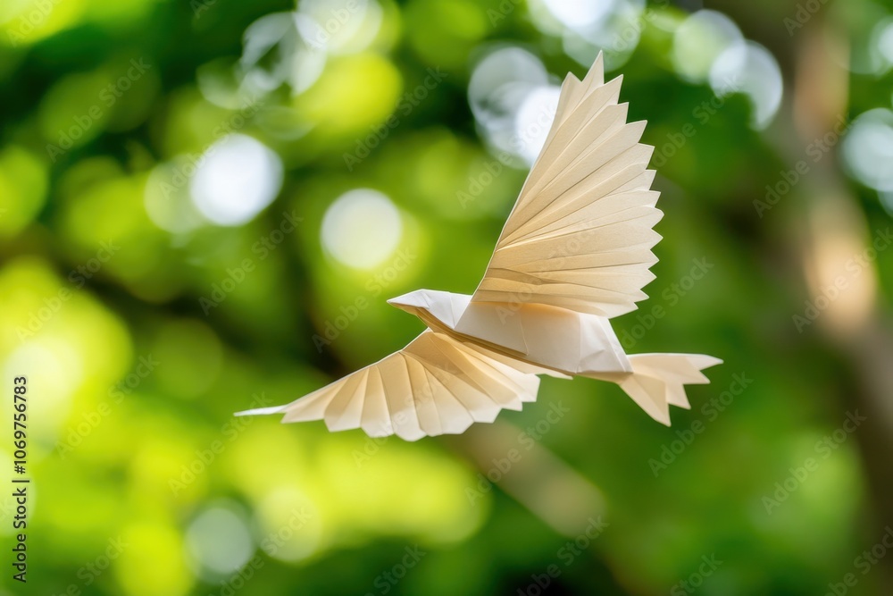 A delicate paper bird hovers against a blurred green background, symbolizing freedom and creativity. A delicate paper bird hovers against a blurred green background, symbolizing freedom and creativity.
